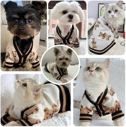 ABRRLO Small Dog Sweaters Cute Bear Dog Cardigans Clothes for Small Medium Dogs Boy Girl Puppy Cat Knitting Cardigan Outfits Dogs Autumn Coats Warm Pet Doggy Clothes Soft Knitwear Apparel