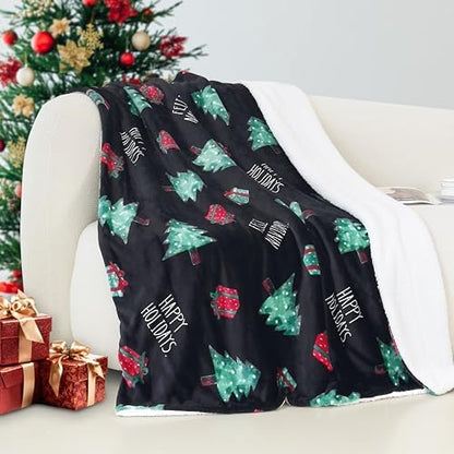 Elegant Comfort Reversible and Ultra-Plush Flannel Fleece-Winter Christmas Sherpa Throw- Lightweight Soft and Cozy-Holiday Decorative Throw, Perfect for Lounging, 50 x 60 inches, Feliz Navidad
