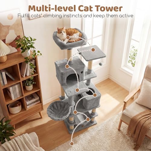 DORTALA Cat Tree for Indoor Cats, 66" Tall Cat Tower with 2 Condos, Sisal Scratching Posts, Plush Perch, Hammock, Dangling Balls, Multi-Level Pet Climbing Furniture Activity Center (Light Gray)