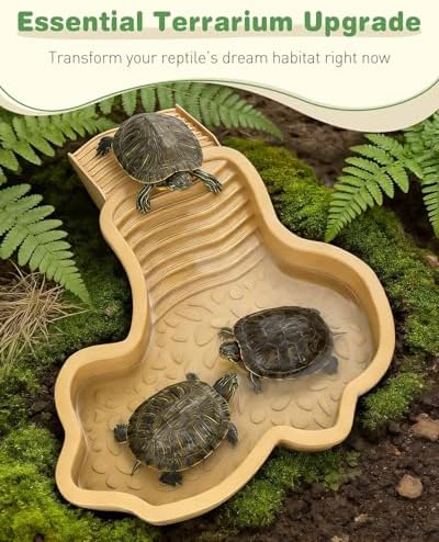 Pawfly Reptile Bathing Pool with Removable Ramp, Reptile Food Dish Feeding Dish, Tortoise Water Dish Water Bowl with Steps, Turtle Bathing Pool Bath Tub Soaking Dish for Gecko Snake Lizard Frog