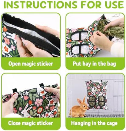 3 Pcs Rabbit Hay Feeder, 2-Hole Hanging Guinea Pig Hay Bags Washable Bunny Hay Bag for Rabbits, Chinchillas, Hamsters, Small Pets and Animals (11.8"×8.7")