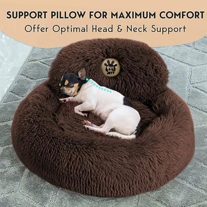 PetJett Calming Dog Bed for Small Dogs – 23" Donut Dog Beds, Anti-Slip & Washable Fluffy Plush Faux Fur Pet Bed, Anti-Anxiety Premium Comfort Round Puppy Bed, Fits Dogs up to 25 lbs – Brown
