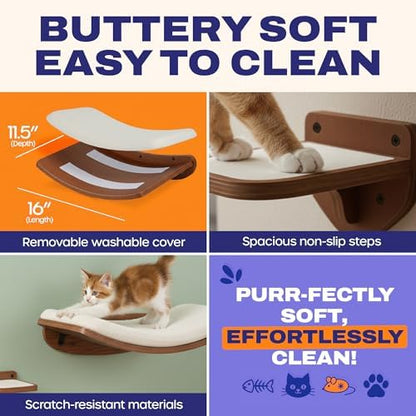 Cat Wall Shelves, Walnut Floating Cat Furniture with Bed & Steps