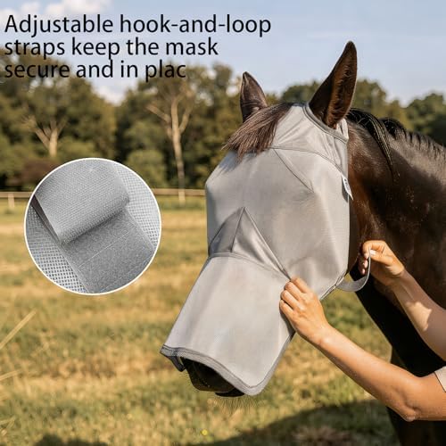 Raelitego Horse Fly Mask with Ears no Nose, Breathable Mesh UV Protect (XL)