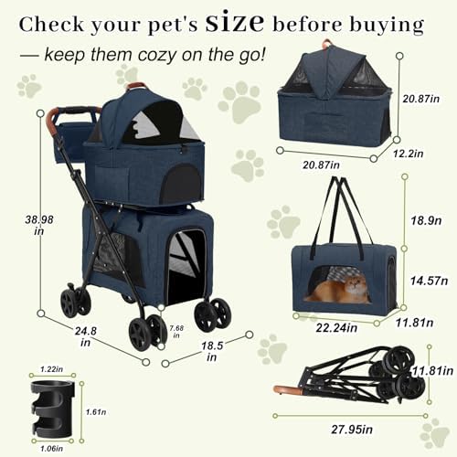 Dog Stroller with Detachable Carriers, Foldable Dog Stroller for Medium Dogs 20 lbs with Cup Holder and Storage Bag, Pet Stroller for Small Dogs, Double Cat Strollers Suitable for All-Terrain