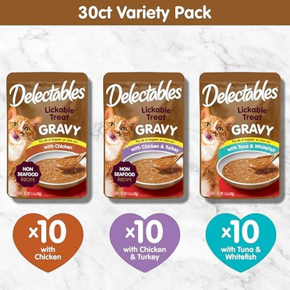 Delectables Lickable Treat Gravy Variety Wet Cat Treat & Food Topper, Food Topper, Hydrating, Grain-Free, No Fillers, No by-Products, No Added Preservatives, 1.4oz Pouch, 30 Pack