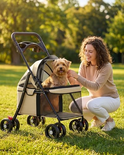 GTPLAYER Foldable Pet Stroller for Small Dogs and Cats, Holds Up to 33 lb, 4-Wheel Stroller with 2 Safety Tethers, Breathable Mesh, Lockable Front Wheels, Cup Holder/Tray & Storage Pocket, Cream