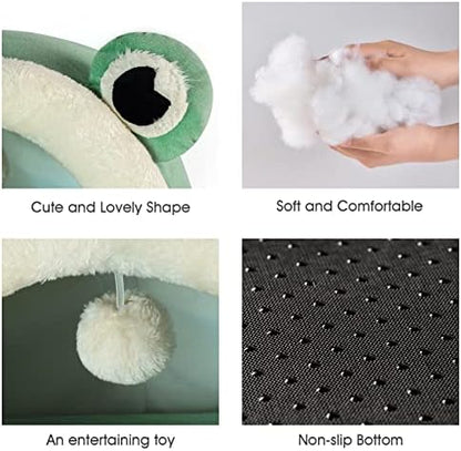 Jiupety Cute Cat Bed, Indoor Lovely Velvet Igloo for Cat, Warm Cave Sleeping Nest Bed for Puppy and Kitten, Green Frog, S