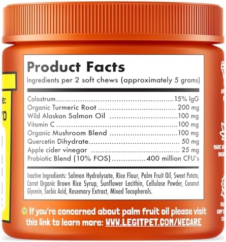 Allergy Relief Chews for Dogs & Immune & Digestive Supplement with Wild Salmon Oil Kelp Colostrum Turmeric Probiotics & Bee Pollen for Seasonal Allergies Anti Itch, Skin Hot Spots 120 Soft Treats