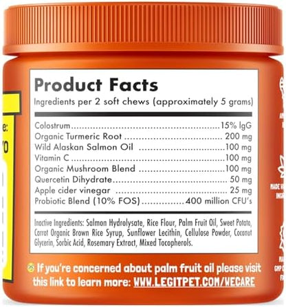 Allergy Relief Chews for Dogs & Immune & Digestive Supplement with Wild Salmon Oil Kelp Colostrum Turmeric Probiotics & Bee Pollen for Seasonal Allergies Anti Itch, Skin Hot Spots 120 Soft Treats