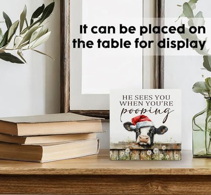 Christmas cows Home Bathroom Decor Sign - Farmhouse Western Christmas Animal Bathroom Decor,Rustic Farm Animal He Sees You When You're Pooping Signs,cows Gifts for Women