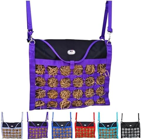 Majestic Ally Animal Health Hay Bag for Horses, 2.5" Holes, Top Load, Travel Feeder, Reduces Waste, 1 Year Warranty, Multiple Colors (Purple-Black)