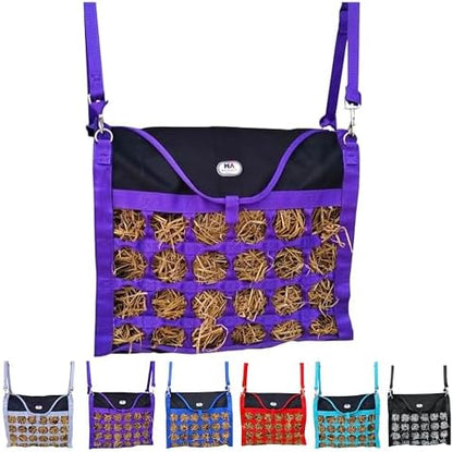 Majestic Ally Animal Health Hay Bag for Horses, 2.5" Holes, Top Load, Travel Feeder, Reduces Waste, 1 Year Warranty, Multiple Colors (Purple-Black)
