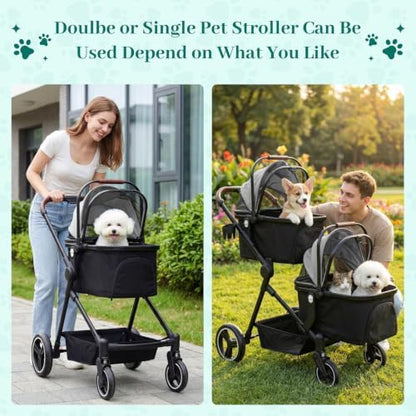 Foldable Double Pet Stroller for 2 Small Medium Cats Dogs