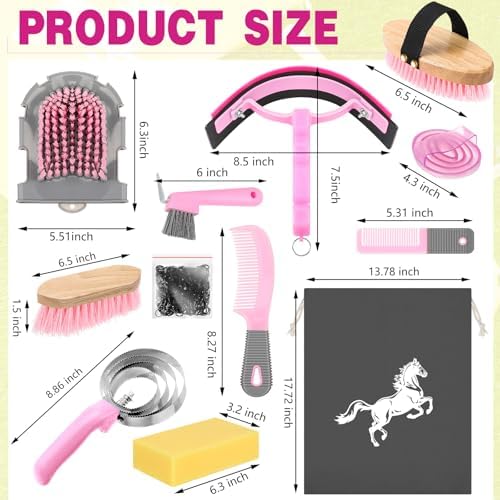 Abbylike 12 Pieces Horse Grooming Kit Equine Care Brushes, Pink and Grey