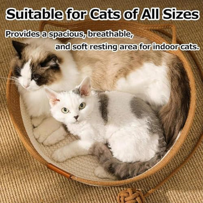 Round Cat Bed & Scratcher Mat Set, Instinct Handwoven Natural Cotton Rope Cat Basket with Soft Cushion, All-Season Indoor Pet Furniture Fit Cats Under 22 Lbs