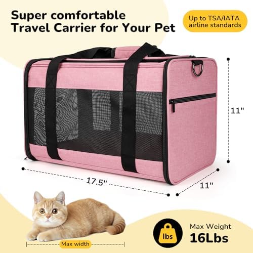 Hipubby Cat Carrier Dog Carrier for Pets Up to 16 Lbs, Soft-Sided Pet Travel Carrier for Cats and Small Dogs, Airline Approved Pet Carrying Case with Shoulder Strap & Removable Mat - Pink