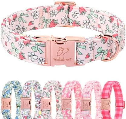 Pink Girl Dog Collar, Sweet Strawberry Spring Summer Dog Collars, Vintage Bow Puppy Collar, Adjustable Heavy Duty Pet Collar for Small Medium Large Dogs with Metal Buckle XL