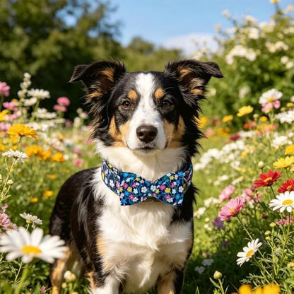 Dog Collars, Spring Summer Floral Print Pet Collar Navy Blue Adjustable Cotton Dog Collar with Bow Metal Buckle Bowtie Collars for Small Dogs