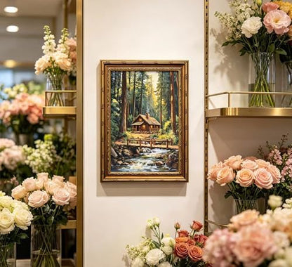 Vintage Gold Framed Forest Wall Art, Retro Mountain Woods Cottage Oli Painting Canvas Print, Antique Log Cabin Picture Wall Decor, Rustic Farmhouse Stream Poster Artwork for Bedroom Living Room