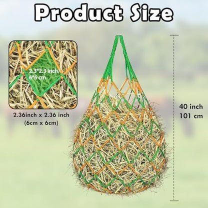 3PCS Hay Net for Horses - Ultra Slow Feed Hay Net with 3 Pairs Gloves, 2.36"x2.36" Holes 40” Horse Slow Feed Hay Nets for Stall, Trailer, Pasture - Heavy-Duty Hanging Feeders (Black+Yellow+Green)