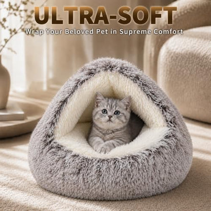 ShinHye Cozy Cat Bed - Round Plush Fluffy Hooded Cave, Indoor/Outdoor, Waterproof & Washable (20x20inch, Coffee)