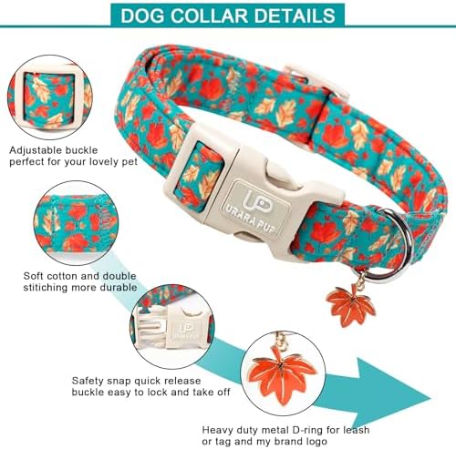 Fall Dog Collar for Small Medium Large Dogs-Adjustable Autumn Leaf Print Dog Collar with Maple Charm, Cute Seasonal Pet Collars with Quick Release, Soft Durable Puppy Collars