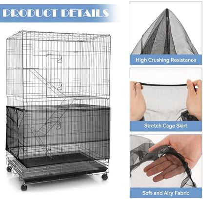 Trinkrittey Adjustable Bird Cage Seed Catcher Net Cover Elastic Band Mesh Cover Black for Parrot Cages