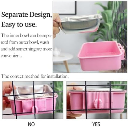kathson Crate Dog Bowl, Removable Stainless Steel Hanging Pet Kennel Cage Bowl Food & Water Feeder Coop Cup for Puppy, Cat, Rabbit,Guinea Pigs 2pcs Large Square(Blue,Pink)