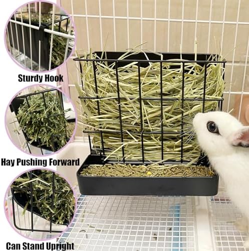 Rabbit Hay Feeder Guinea Pig Hay Holder with Hook Heavy-Duty Metal,Internal Sloping Design，Hay Feeder for Bunny,Rabbit，Chinchillas,Comes with Two Multifunctional Zippers