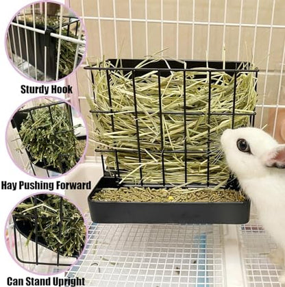 Rabbit Hay Feeder Guinea Pig Hay Holder with Hook Heavy-Duty Metal,Internal Sloping Design，Hay Feeder for Bunny,Rabbit，Chinchillas,Comes with Two Multifunctional Zippers