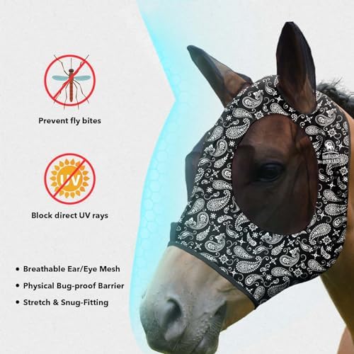Harrison Howard Super Comfort Stretchy Fly Mask Large Eye Space with UV Protection Soft on Skin with Breathability Paisley Wave Full (Large)