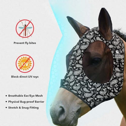 Harrison Howard Super Comfort Stretchy Fly Mask Large Eye Space with UV Protection Soft on Skin with Breathability Paisley Wave Full (Large)