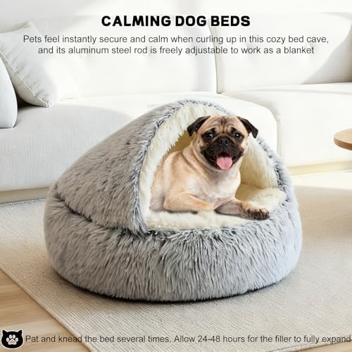 YUDANSI Calming Small Dog Bed & Indoor Cat Bed - Plush Fluffy Hooded Cave Nest, Anti-Slip Self-Warming, Washable Built-in No-Collapsing Support (Grey-65cm/26in)