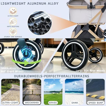 Chihuahua 3-in-1 Foldable Pet Stroller 4-Wheel for Small Dogs,Light Coffee