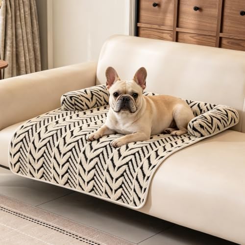 Calming Dog Couch Bed Mats with Neck and Head Support, Fluffy Plush Pet Sofa Cover for Small Medium Dogs and Cats, Non-Slip Bottom, Machine Washable