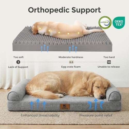 Sytopia 42 Inch Indestructible Dog Beds for Large Dogs, Chew Proof Orthopedic Egg Crate Foam Pet Bed with Washable Removable Cover and Anti-Slip Bottom, Grey
