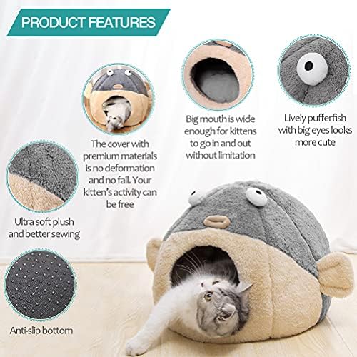 Cat Beds for Indoor Cats-Cat Bed Cave,Cute Lively Pufferfish Shape,Grey M