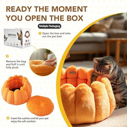 PETNOVO Pumpkin Cat Bed, Plush Donut Cuddler with High Bolster, Non-Slip