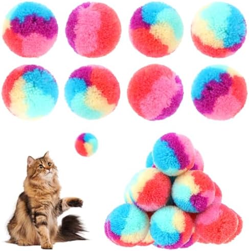 KALIONE 30 Pcs Soft Plush Cat Ball 1.2-inch Rainbow Cat Toy Balls Fuzzy Kitty Balls Kitten Puff Balls Colorful Cat Pom Pom Balls for Cat Kitten Pet Playing Exercising