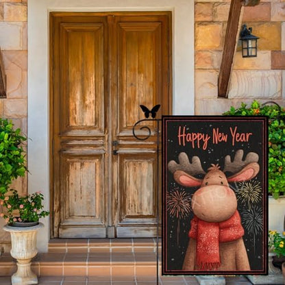 Happy New Year Garden Flag 12x18 Double Sided Vertical Linen Small Fireworks Moose House Flag Welcome Holiday Winter House Outdoor Outside Decorations (27178)