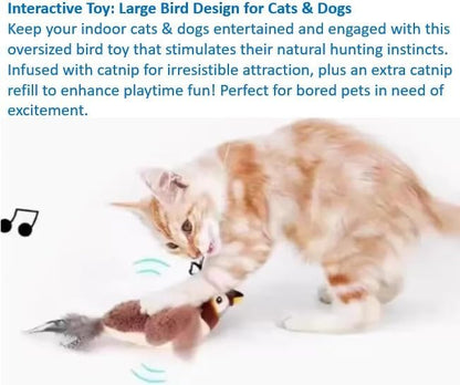Flappy Bird Cat Toy – Interactive Flapping & Chirping Bird Toy for Cats (No Flying), Indoor Cat Toy for Exercise & Play, Durable Chew Toy, Catnip Toy for Kitten or Small Dogs (Large 9x3")
