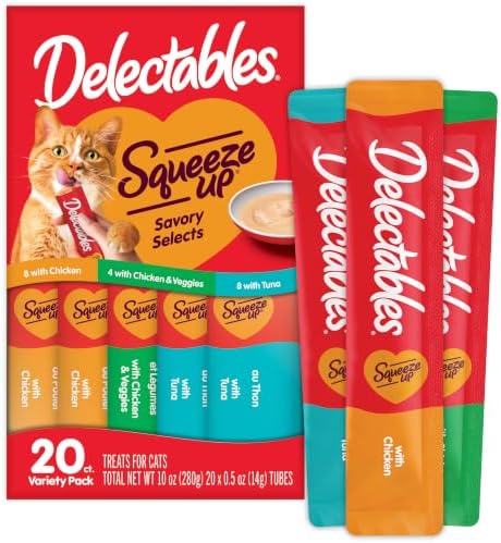 Delectables Squeeze Up Variety Pack, Creamy Squeezable Puree, Lickable Wet Cat Treats, Grain Free, No Added Fillers, No by-Products, No Added Preservatives, 0.5 Ounces Tube, 20 Tubes Total