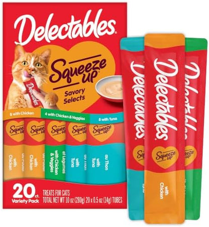 Delectables Squeeze Up Variety Pack, Creamy Squeezable Puree, Lickable Wet Cat Treats, Grain Free, No Added Fillers, No by-Products, No Added Preservatives, 0.5 Ounces Tube, 20 Tubes Total