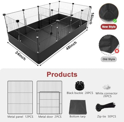 Tresbro Guinea Pig Cage with Waterproof PVC Bottom Liner & One-Hand Release Hook, Triple Fixing C&C Cage for Guinea Pigs, Bunny, Rabbit, Hedgehog, Small Animal Indoor Playpen 48''L x 24''W x 16''H