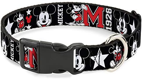 Buckle-Down Plastic Clip Collar - Classic Mickey Mouse 1928 Collage Black/White/Red - 1" Wide - Fits 11-17" Neck - Medium