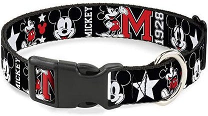 Buckle-Down Plastic Clip Collar - Classic Mickey Mouse 1928 Collage Black/White/Red - 1" Wide - Fits 11-17" Neck - Medium