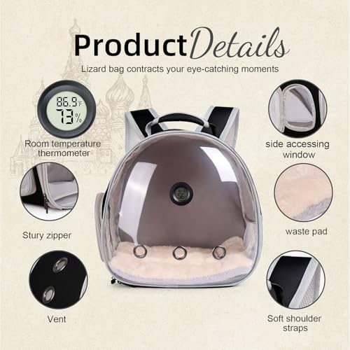 Reptile Travel Backpack Carrier with Reptile Thermometer and Humidity Gauge & Harness Leash Lizard Travel Cage Space Capsule Clear Bubble Window Astronaut Bearded Dragon Bag for Ball Python
