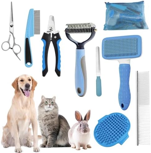 Dog Brush for Shedding,9 PCS in One Pet Slicker Hair Brush Kit with Pet Nail Clipper and File - Dog Cat Grooming Deshedding Undercoat Rake Brush Comb for All Small Large Dogs Cats Blue