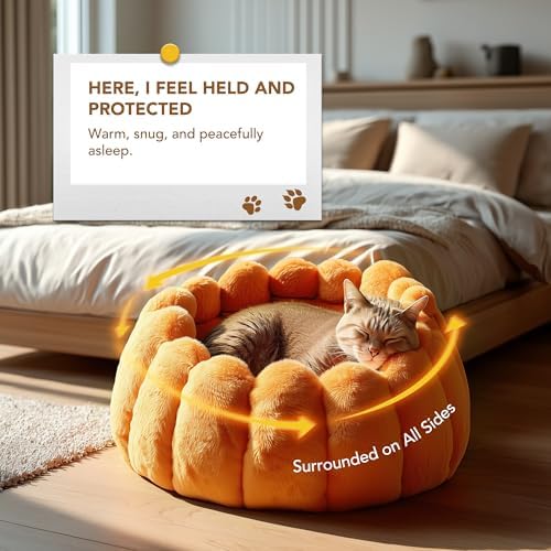 PETNOVO Pumpkin Cat Bed, Plush Donut Cuddler with High Bolster, Non-Slip